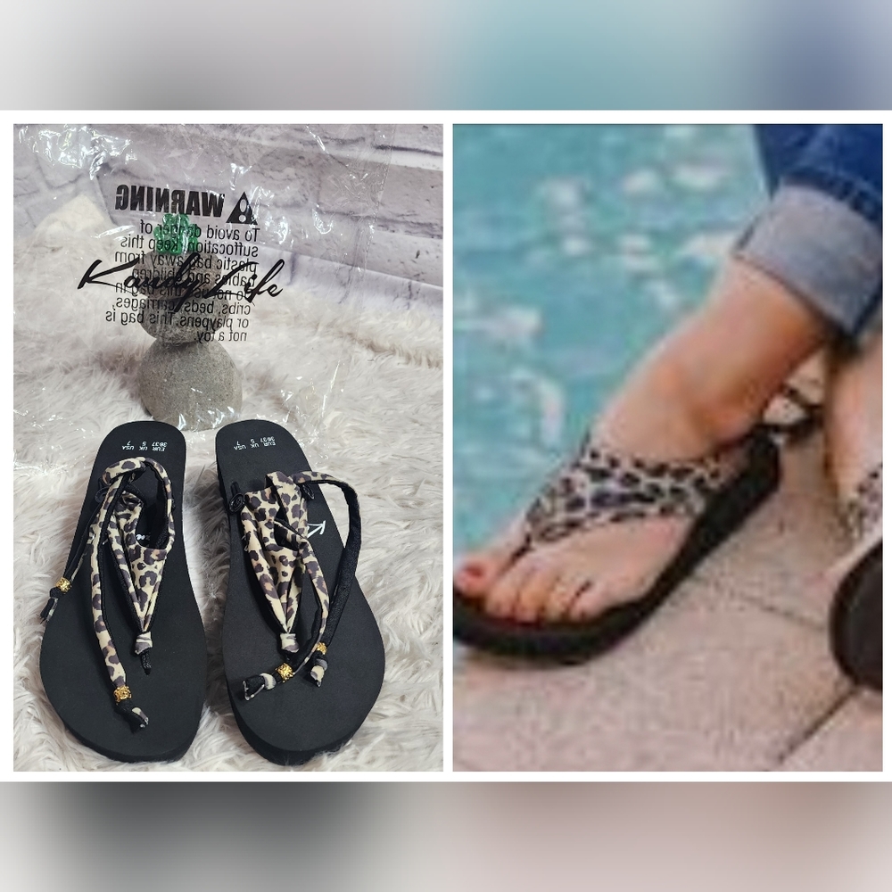 Kandy Life Interchangeable Wedge Sandals Soft Leopard Print Fabric Womens Size 7